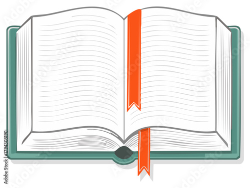 Open book with an orange ribbon bookmark, illustrated study material and reading notebook