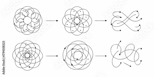Abstract geometric diagrams illustrating a process of transformation and movement with arrows and dots