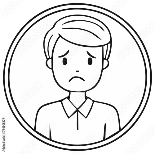Sad man illustration inside a circle. Depressed, unhappy emotions concept.