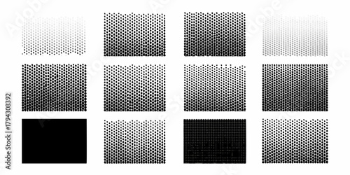Collection of halftone dot patterns with gradient fades and solid black square