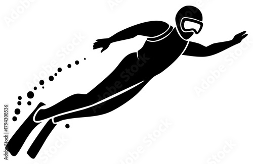 Silhouette of a diver in a wetsuit and goggles propelling through water with fins