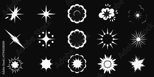 Collection of white starburst and explosion shapes on black background