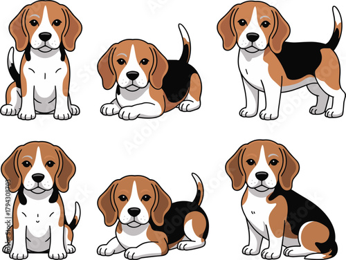 Beagle dog cartoon, cute puppy poses, tricolor coat, floppy ears, pet illustration, sitting, standing, lying down, playful design