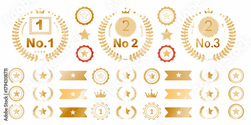 Collection of golden award badges and ranking icons with laurel wreaths stars and crowns for first second and third place