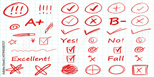 Collection of red hand drawn marks and symbols for grading and feedback on a grid paper background