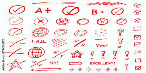 Hand drawn red marks and symbols on a grid paper background including checkmarks crosses grades and words