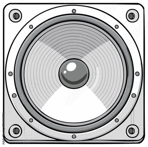 Graphic illustration of a square speaker with a silver cone and metallic accents