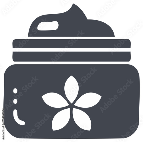 Natural cosmetic cream jar with flower symbol simple flat glyph icon