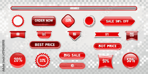 Collection of red sale and discount buttons and labels for online shopping and promotions