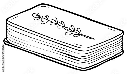 Line art illustration of a neatly folded stack of towels or napkins adorned with a delicate lavender sprig