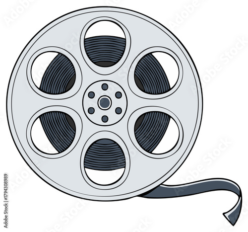 Classic movie film reel with unspooled celluloid strip symbolizing cinema history and entertainment