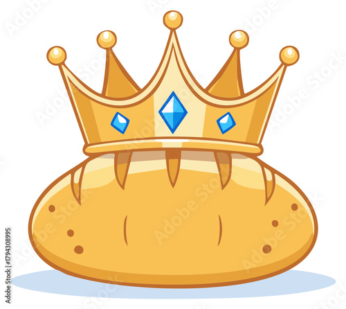 Cartoon bread loaf topped with a jeweled golden royal crown, embodying baking supremacy and illustrating humorous food royalty concept