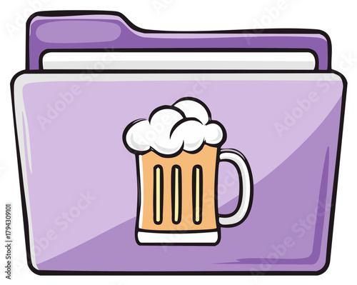 Cartoon illustration of a purple folder with a beer stein icon.