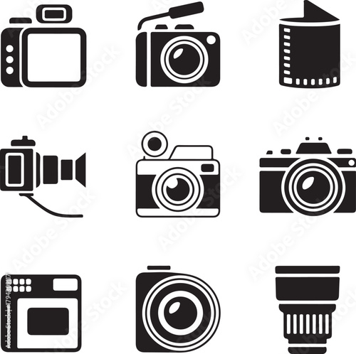Collection of Camera and Photography Icons Depicting Photo Equipment and Media in Black and White Flat Vector Minimalist Illustrations