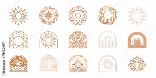 Bild auf Leinwand Collection of boho sun and nature inspired geometric icons and symbols in earthy