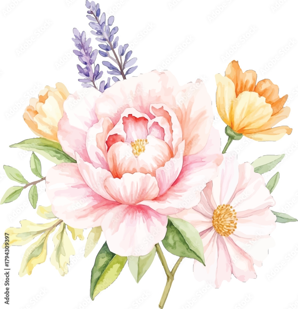 Fototapeta premium Watercolor floral arrangement with peony flower, transparent background, vector, illustration