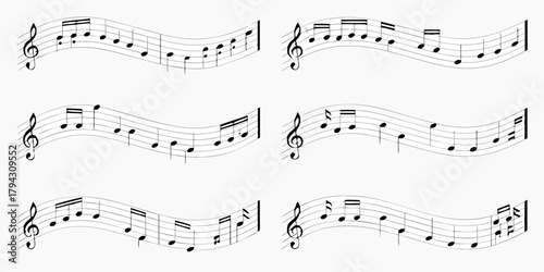 Six different wavy musical staves with black notes and treble clefs on a white background
