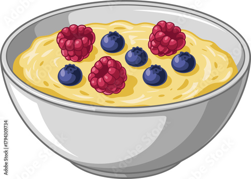 Healthy breakfast bowl, oatmeal with berries, raspberry, blueberry, ceramic dish, fiber-rich food, nutrition, morning meal, vegetarian, top view