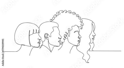 A continuous one line drawing illustrating diverse profiles of people in a group with varying hairstyles, highlighting unity
