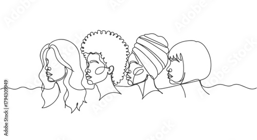 One continuous line drawing of four women in profile, representing diversity and unity