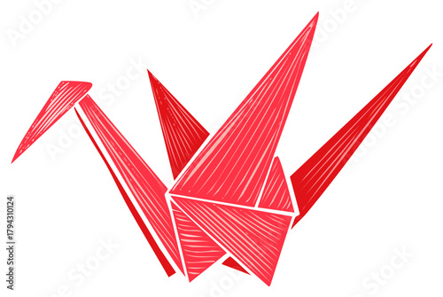 Red Paper Origami Crane - Japanese Craft Artwork with Line Texture