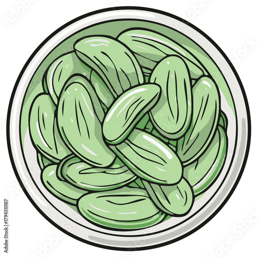Hand drawn vector illustration of a bowl filled with green pickled gherkins or cucumbers from above.