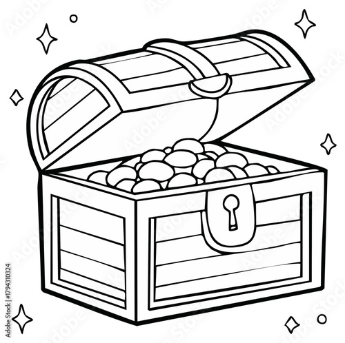Open treasure chest filled with gold coins and sparkling stars line art illustration