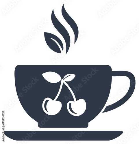 Hot cherry fruit tea in a steaming cup with leaf aroma vector graphic icon