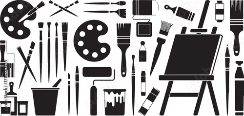 Painting Tools and Art Supplies like Easel, Paintbrushes, Palette, Paints, Rollers and Other Accessories Vector Illustration Silhouettes