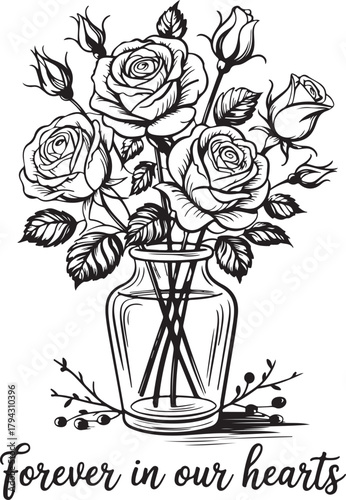 Rose Flowers Bouquet with Vase and Decorative Elements for Sympathy or Condolences Vector Illustration Drawing in Black and White