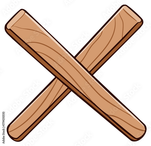 Cartoon style two wooden planks crossed creating an X mark or symbol illustration