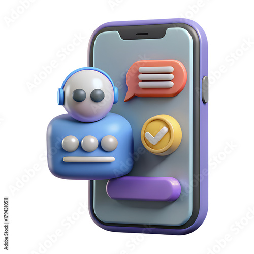 3d cartoon chatbot avatar with speech bubble and checkmark