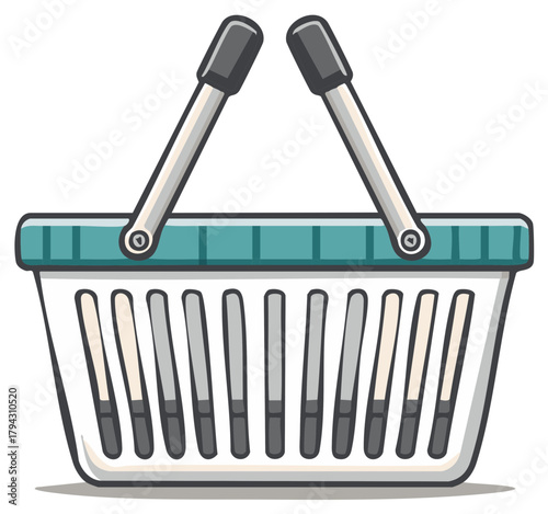 Cartoon shopping basket with handles in teal and white for retail and commerce
