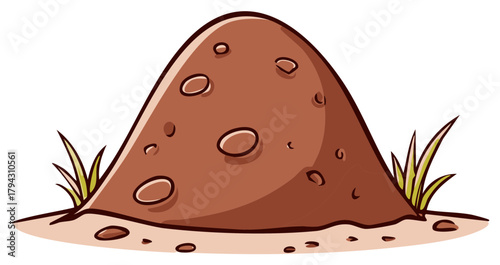 Cartoon illustration of a brown dirt mound anthill or molehill with grass