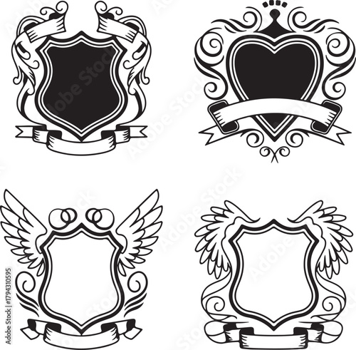 Heraldic Shields Set with Decorative Elements like Ribbons and Emblems for Family Crest or Logo Design Vector Illustrations