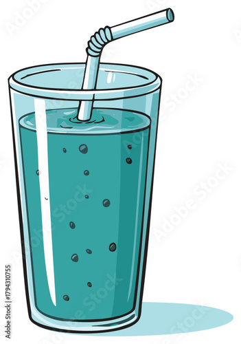 Cartoon illustration of a refreshing glass of bubbly teal soda with a bendy straw