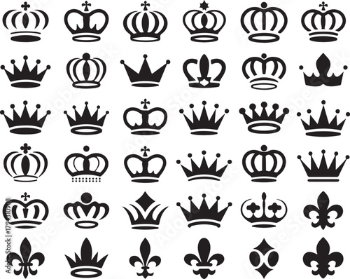 Collection of Royal Crowns and Fleur De Lis Vector Silhouettes for Heraldry and Logo Designs Isolated on Transparent Background 130c