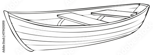 Simple black and white line art drawing of a classic wooden rowboat or dinghy vessel