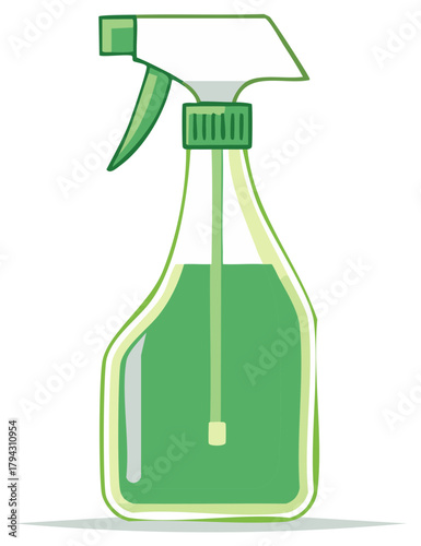 Green spray bottle filled with liquid cleaner for household hygiene and gardening illustration