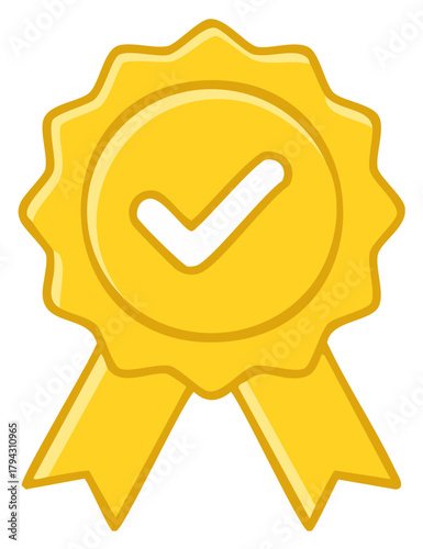 Golden Checkmark Badge Icon with Ribbons Symbolizing Quality and Approval