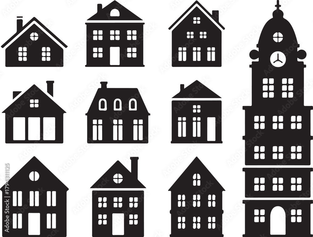 Fototapeta premium Silhouette House Vector Set Assorted House Styles Isolated on Transparent Background Residential Building Outlines 130c