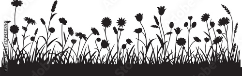 Wildflowers silhouette in grass in black and white for floral meadow illustration enhancing garden, nature, and spring blossom concepts beautifully
