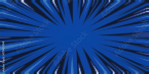 Pop art halftone background. Comic starburst pattern. Blue banner with star speech bubble. Vintage duotone texture. Gradient wow design. Cartoon superhero print. Vector illustration.