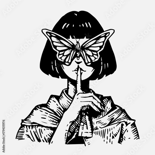 Mysterious girl with a butterfly on her face making a “silence” gesture. Minimal vintage tattoo-style illustration with a dreamy and enigmatic atmosphere.