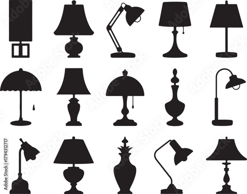 Set of Various Table Lamp Silhouettes with Different Designs, Shapes and Styles of Lighting Fixtures Isolated on Transparent Background