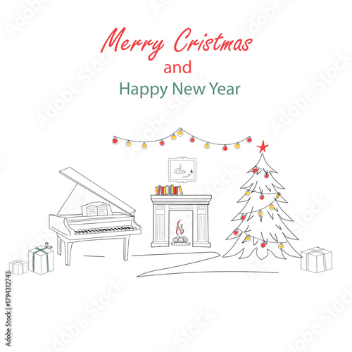 Minimalist vector line art of a cozy Christmas interior with a grand piano, classic fireplace, and decorated holiday tree, clean, thin outlines, white background, and small accent details