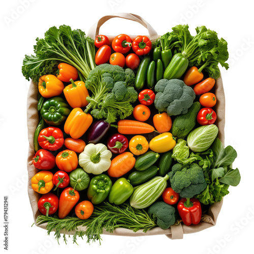 Fresh vegetables overflowing from a tote bag. Abundant, healthy produce