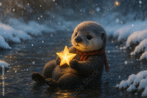 Cute Baby Otter Wearing a Red Scarf Holding a Glowing Star in a Snowy River
