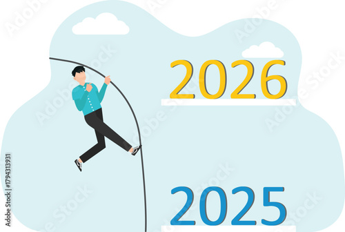 Hopes for new opportunities and success in the new year 2026, economic forecast and vision for business development in new year, review of results of past year, man with pole vaults from 2025 to 2026.