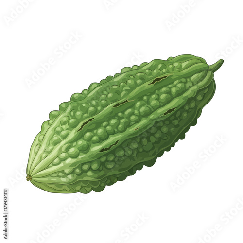 A detailed illustration of a green bitter melon on a plain background